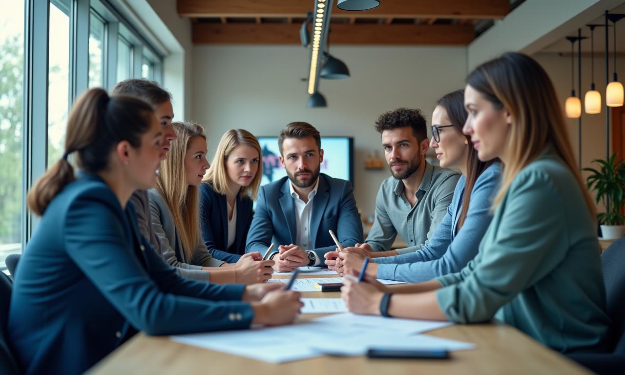 A diverse group of professionals collaborating in a bright, modern office, symbolizing growth and teamwork.