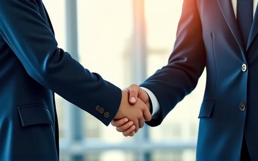 A person confidently shaking hands in a new office environment.