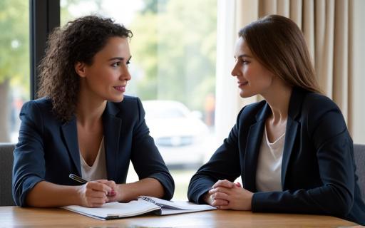 A coach and client having a one-on-one discussion at a sunlit table.