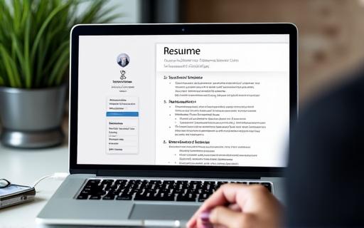 Closeup of a professionally formatted resume on a laptop screen.