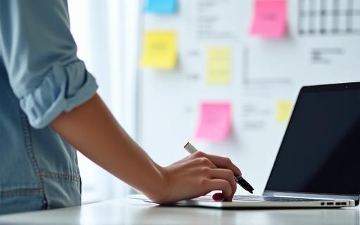 A person writing on a whiteboard with sticky notes and charts.